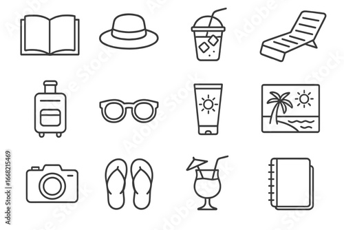 Holiday Icon Set. Outline icon set of holiday leisure: open book, straw hat, iced coffee, recliner chair,