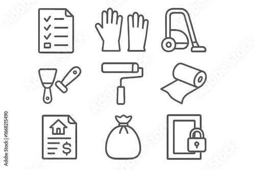 Apartment Move-Out Icons. Outline icon set of apartment move-out: checklist, cleaning gloves, vacuum cleaner,