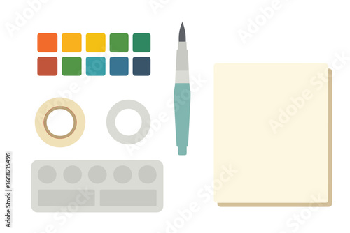 Art supplies for creative projects, including paint palette, brush, masking tape, and blank paper