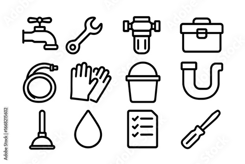 Home Plumbing Icons. Outline icon set of home plumbing maintenance: faucet, wrench, water filter, toolbox,