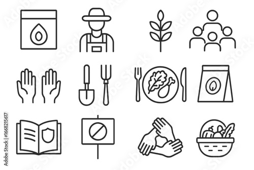 Food Sovereignty Icons. Outline icon set of food sovereignty: seed bank, farm worker, crop icon, community