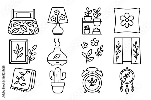Botanical Bedroom Icon Set. Outline icon set of botanical-themed bedroom: leafy duvet, floral night lamp,