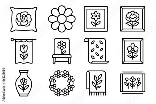 Floral Interior Icons. Outline icon set of floral interior elements: rose pillow, daisy rug, bloom wall art,
