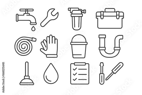 Home Plumbing Icons. Outline icon set of home plumbing maintenance: faucet, wrench, water filter, toolbox,