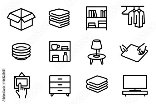 Home Unpacking Icons. Outline icon set of unpacking in new home: open box, clothes pile, bookshelf, hanging
