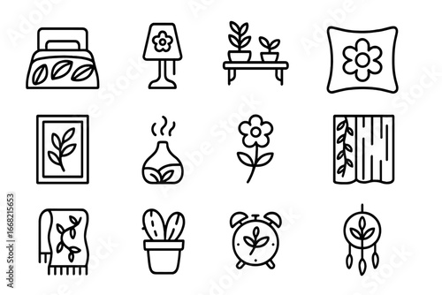 Botanical Bedroom Icon Set. Outline icon set of botanical-themed bedroom: leafy duvet, floral night lamp,