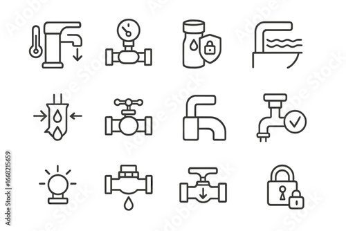 Home Water Safety Icons. Outline icon set of home water safety: anti-scald valve, pressure limiter,