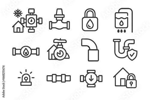 Home Water Safety Icons. Outline icon set of home water safety: anti-scald valve, pressure limiter,