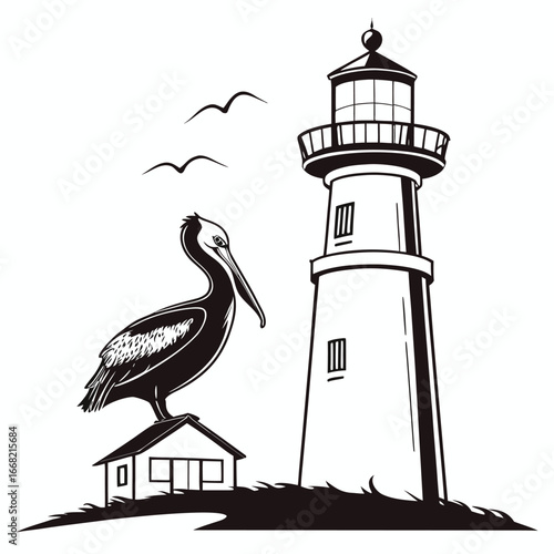 Pelican perched on lighthouse rail silhouette
