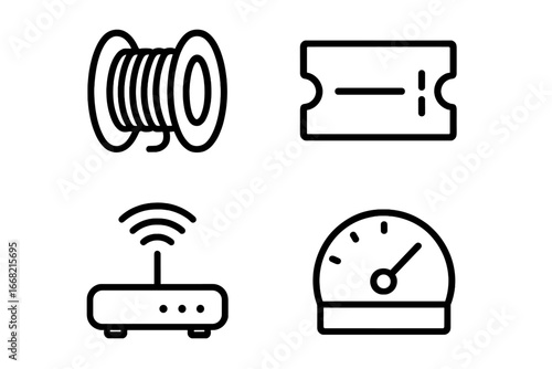 Four minimalist line icons: wire spool, ticket, wireless router, speedometer gauge