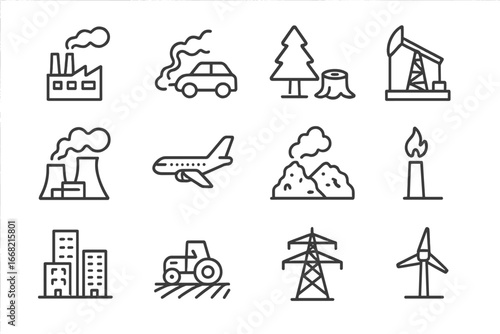 Human Activity Icons. Outline icon set of human activities causing warming: factory, car exhaust,