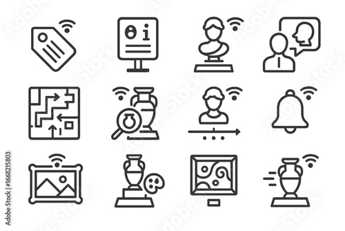 Museum AR Icon Set. Outline icon set of AR in museums: exhibit tag, info panel, 3D model, curator speech, room