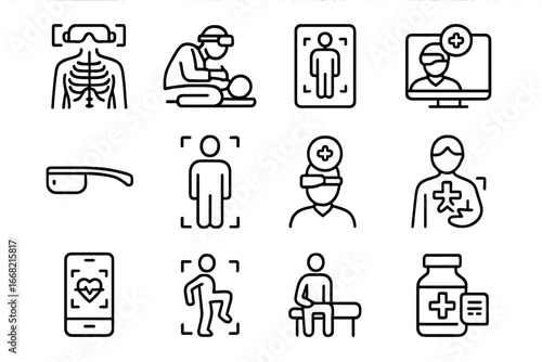 Healthcare AR Icons. Outline icon set of AR in healthcare: virtual anatomy, surgery assist, AR diagnostics,