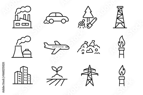 Human Activity Icons. Outline icon set of human activities causing warming: factory, car exhaust,