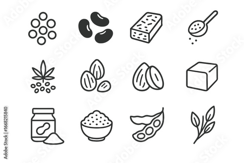 Vegan Protein Icons. Outline icon set of vegan protein sources: lentils, black beans, tempeh, chia seeds, hemp