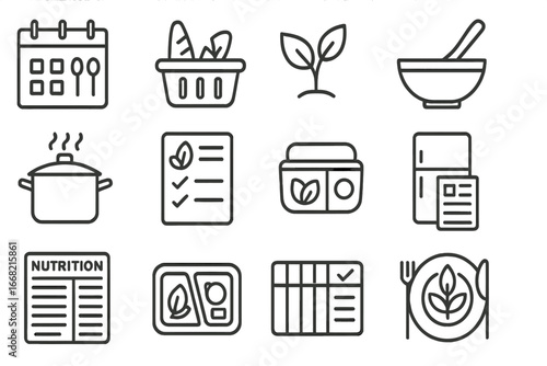 Meatless Meal Icon Set. Outline icon set of meatless meal planning: calendar meal, grocery basket, plant icon,