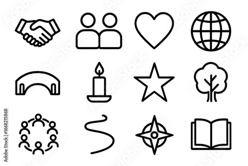 Human Connection Icons. Outline icon set of human connection: handshake, two silhouettes, heart, globe, bridge
