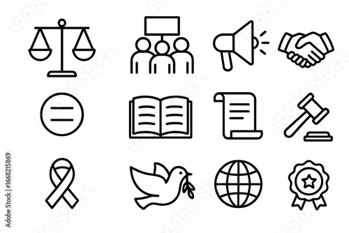Human Rights Icons. Outline icon set of human rights campaigns: scales of justice, protest crowd, megaphone,