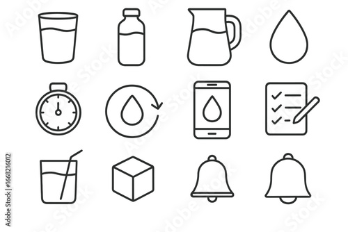 Hydration Icon Set. Outline icon set of hydration tracking: water glass, water bottle, jug, droplet, timer,