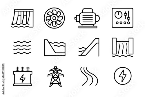 Hydropower Icons Set. Outline icon set of hydropower generation: dam, water turbine, generator, control panel,