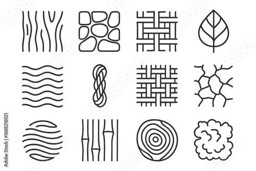Nature Texture Icons. Outline icon set of nature-inspired textures: bark texture, stone grain, linen weave,