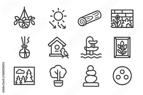 Biophilic Design Icons. Outline icon set of biophilic design elements: hanging plant, sunlight flow, wood beam