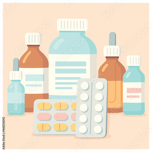 Organized pharmacy display: medication and health products vector for wellness concepts