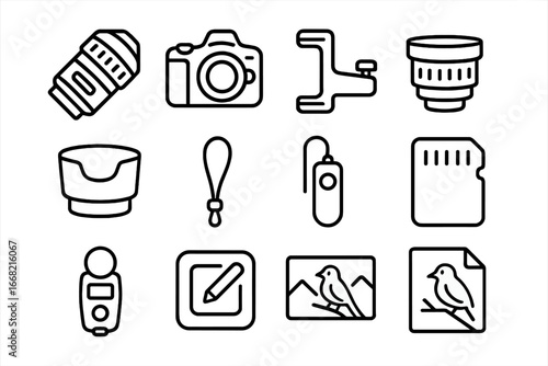 Bird Photography Tool Icons. Outline icon set of bird photography tools: zoom lens, DSLR camera, tripod mount,