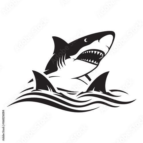Fierce black shark breaching water with sharp teeth and stylized waves for marine art