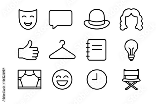 Improv Elements Icons. Outline icon set of character building in improv: actor mask, speech bubble, hat, wig,
