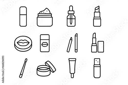 Lip Care Icons. Outline icon set of lip care products: lip balm, lip scrub, lip oil, tinted balm, lip mask,