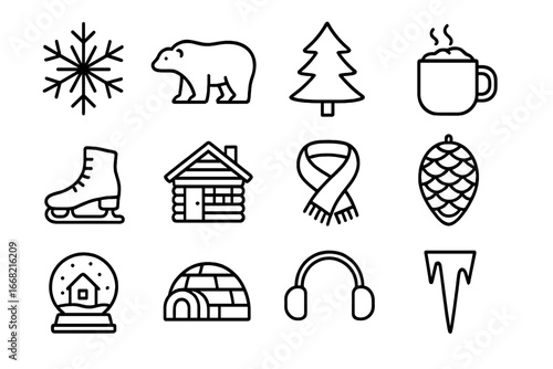 Winter Wonderland Icons. Outline icon set of winter wonderland toppers: snowflake, polar bear, pine tree, mug