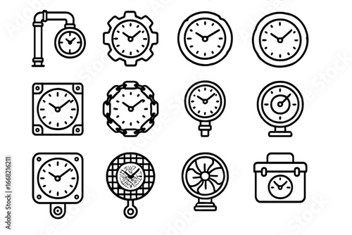 Industrial Recycled Clocks. Outline icon set of industrial-style recycled clocks: metal pipe clock, gear and