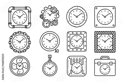 Industrial Recycled Clocks. Outline icon set of industrial-style recycled clocks: metal pipe clock, gear and