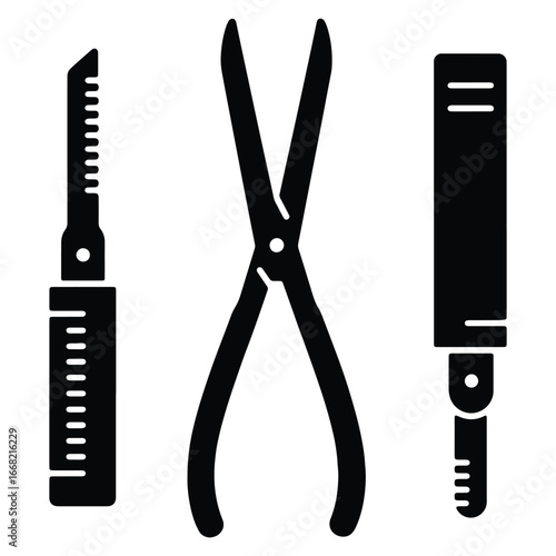 Set of surgical tools in black and white illustration precision instruments scalpel forceps vector design for medical professionals healthcare themes