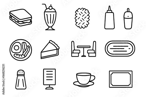 Retro Diner Icons. Outline icon set of roadside diner food: grilled cheese, milkshake, hash browns, ketchup