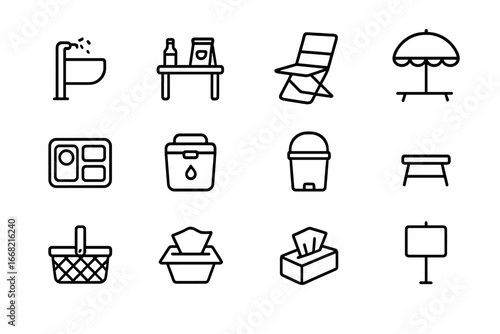 Rest Area Essentials Icons. Outline icon set of rest area essentials: water fountain, snack table, folding