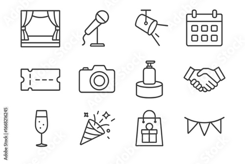 Influencer Event Icons. Outline icon set of influencer events: stage, microphone, spotlight, calendar, ticket,