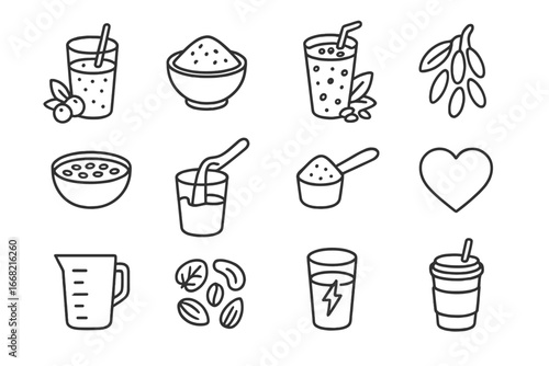 Superfood Smoothie Icons. Outline icon set of superfood smoothies: acai berry, spirulina powder, cacao nibs,