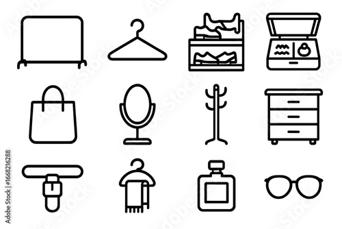 Influencer Wardrobe Icons. Outline icon set of influencer wardrobe organization: clothes rack, hanger, shoe