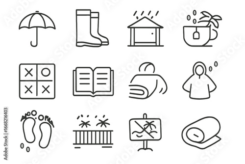 Rainy Vacation Icons. Outline icon set of rainy day on tropical vacation: umbrella, rain boots, covered patio,