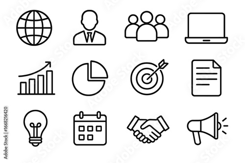 International Marketing Icons. Outline icon set of international marketing team leadership: globe, manager