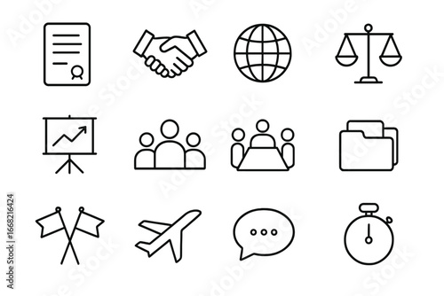 International Trade Icons. Outline icon set of international trade negotiations: contract, handshake, globe,