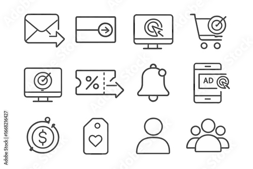 Targeted Marketing Icon Set. Outline icon set of targeted marketing response: email open, banner click,