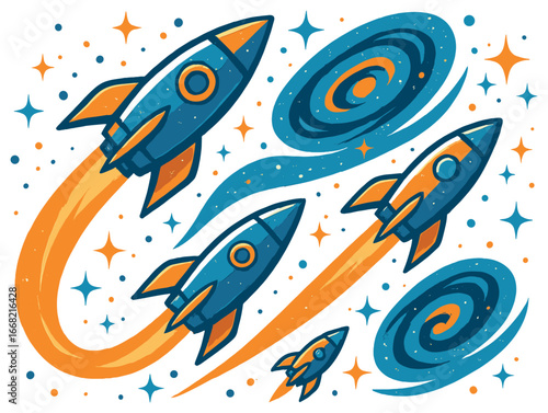 Rocket adventure vector: space exploration, celestial journeys, cosmic travel art design