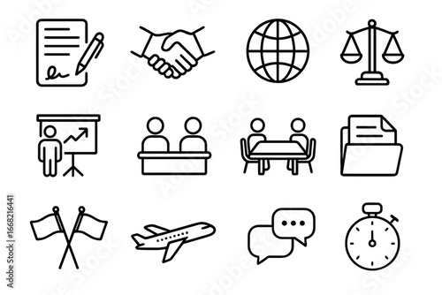 International Trade Icons. Outline icon set of international trade negotiations: contract, handshake, globe,