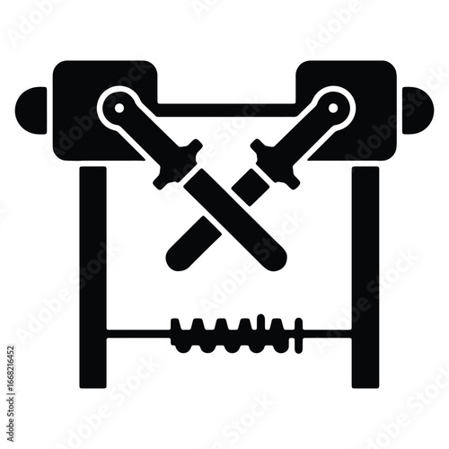 Silhouette of Crossed Swords with Blacksmith Equipment Represents Conflict and Strength Symbolic Graphic Design Element