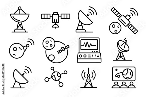 Interplanetary Communication Icons. Outline icon set of interplanetary communication systems: space antenna,