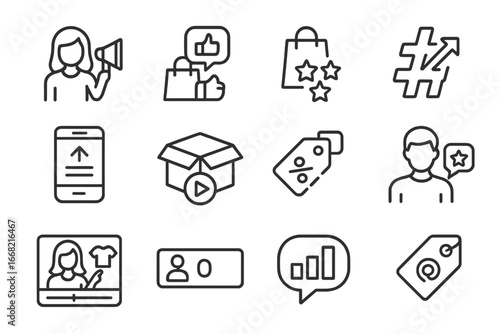 Social Media Icons. Outline icon set of social media influence on shoppers: influencer icon, product mention,