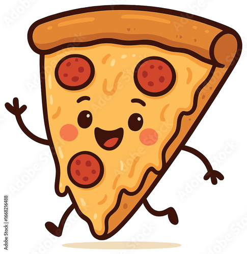 Playful pizza character vector: whimsical cartoon slice with pepperoni for kids' designs